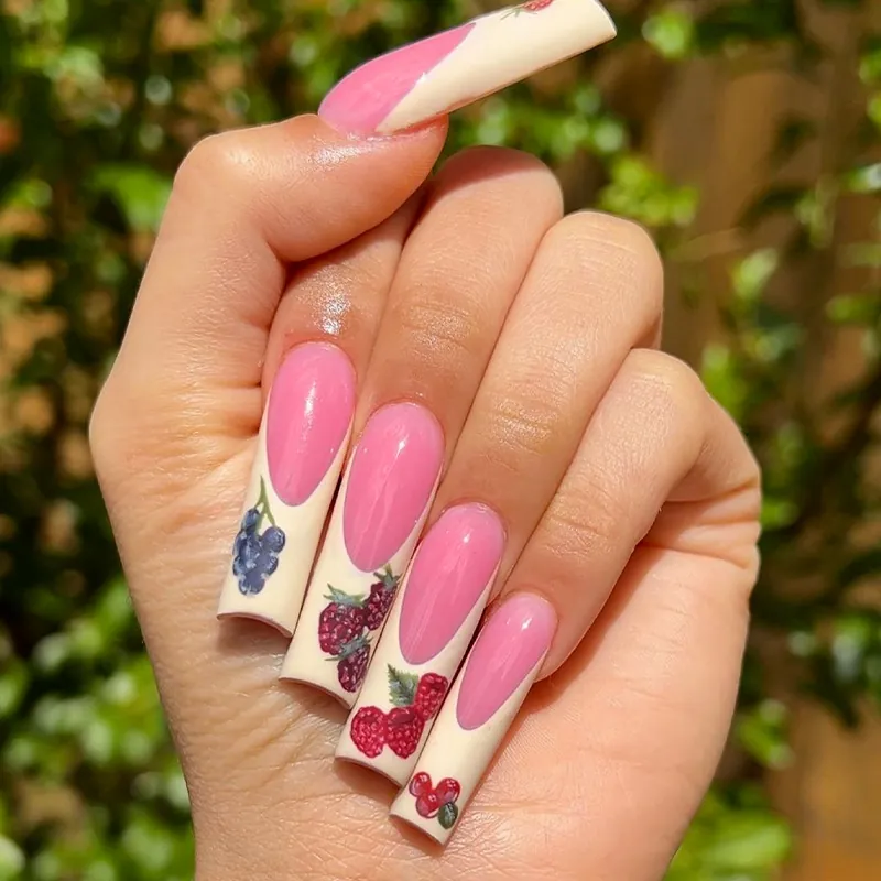 Long Coffin Press On Nails Fruit Pattern Strawberry Cherry Berry Print French Tip Artificial Nails With Glue Tabs