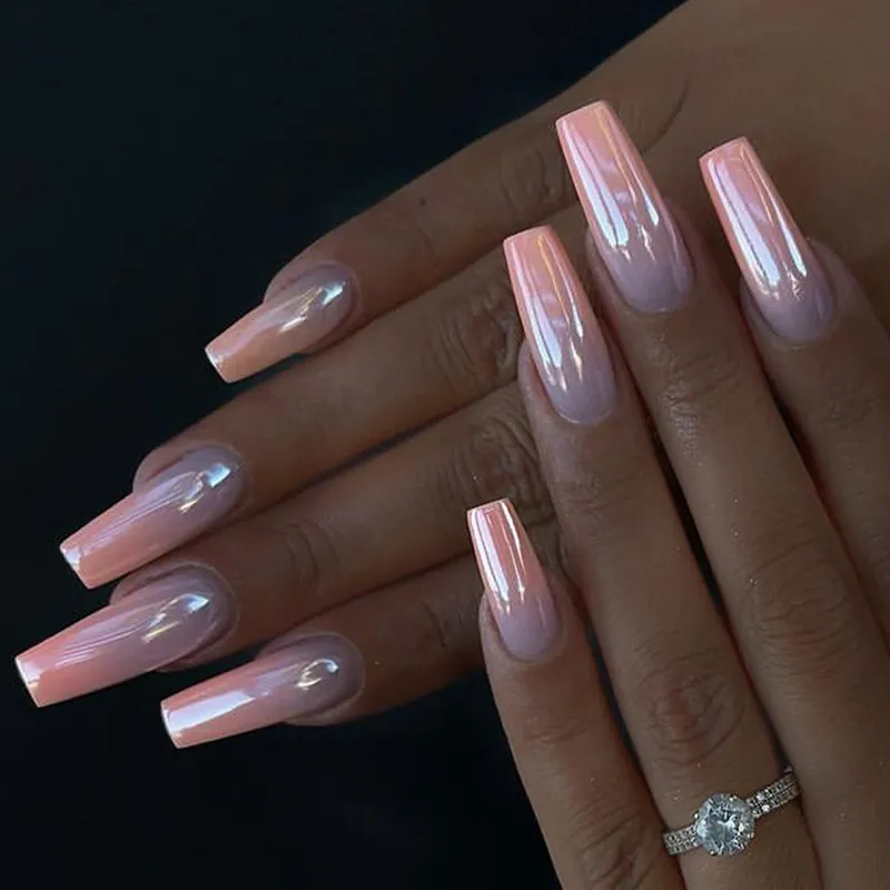 Long Coffin Press On Nails Pink Gradient Cat Eye Magnetic Mirror Chrome Electroplated Metal Texture With Nail File