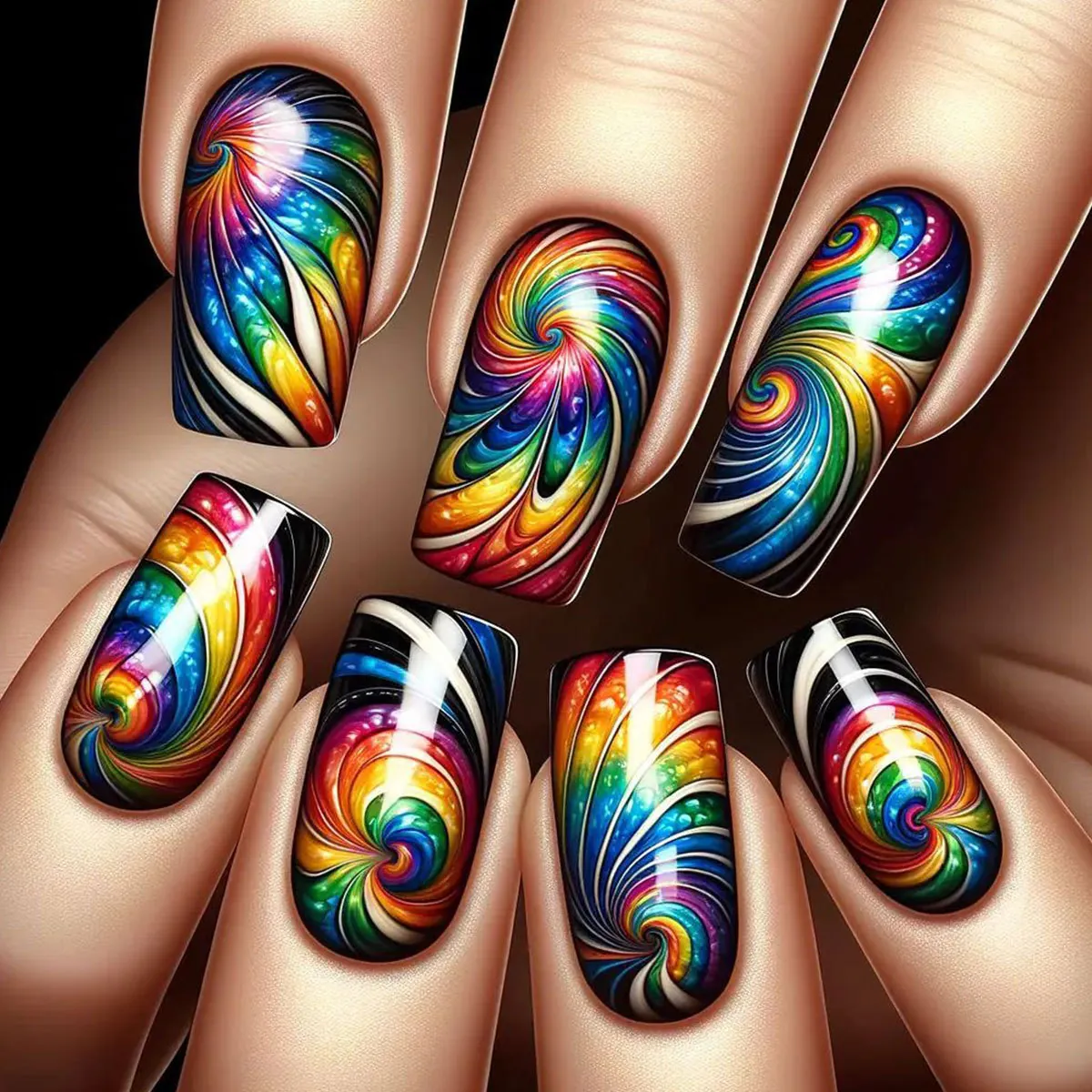 Regenbogen Swirl Press On Nägel Buntes Marmormuster Lange Quadratische Kunstnägel Mit Geleekleber Und Feile Für Frauen