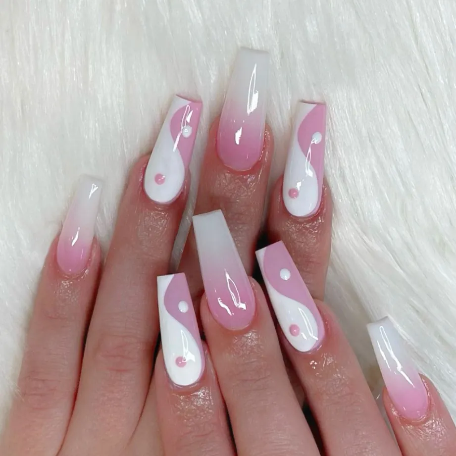 Press On Nails Long Coffin Pink White Gradient Yin Yang Pattern Glossy Gold Foil False Fingernails For Women Art