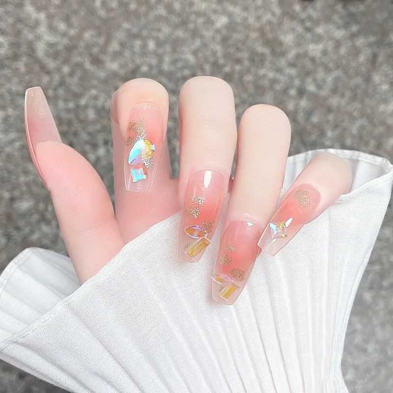 Press On Nägel Sargform Rosa Farbverlauf Mit Strasssteinen Und Goldfolie Eleganter Französischer Stil Künstliche Nägel