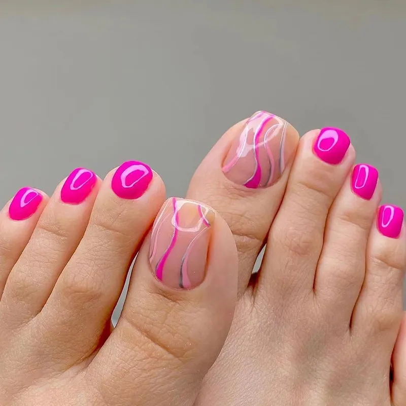 Rose Red Toe Press On Nails Glossy Marble Flowing Line Pattern False Foot Nails For Women Fashion