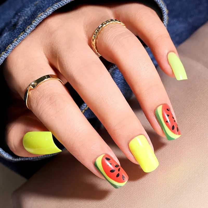Summer Watermelon Pattern Press On Nails Fluorescent Green Square Fake Nails Plastic Detachable Reusable Manicure DIY