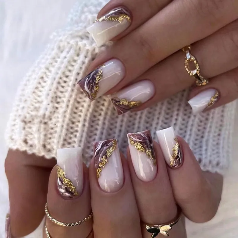 Elegant Marble Smudged Press On Nails French Medium Square Artificial Nails With Gold Foil Jelly Glue For Women Manicure Decor
