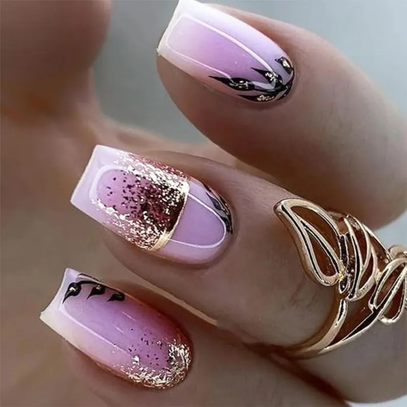 Elegant Press On Nails Gold Foil Leaf Pattern Pink Purple Gradient Sweet Cool Almond Style False Nails For Women