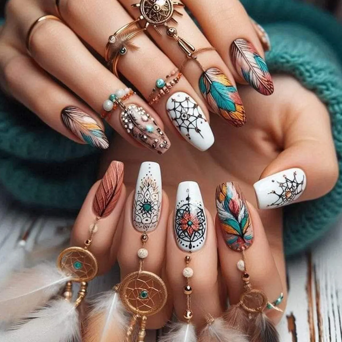 Press On Nails Long Almond Bohemian Ethnic Feather Dreamcatcher Mandala Pattern Artificial False Nails For Women Reusable