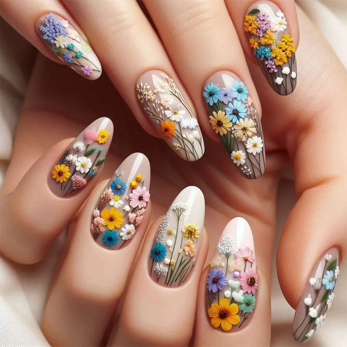 Press On Nails Almond Shape Colorful Daisy Floral Pattern False Nails Long Manicure For Women Sweet Style