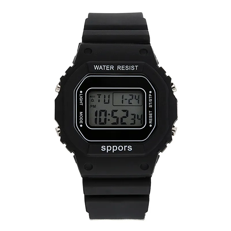 Digital Sports Watch Resin Strap LED Backlight Square Face Date Week Casual Electronic Men Students