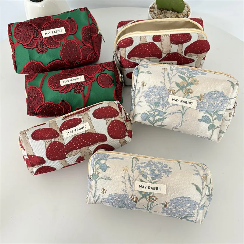 Trousse À Crayons Grande Capacité Polyester Jacquard Imprimé Floral Champignon Fermeture Éclair Pochette