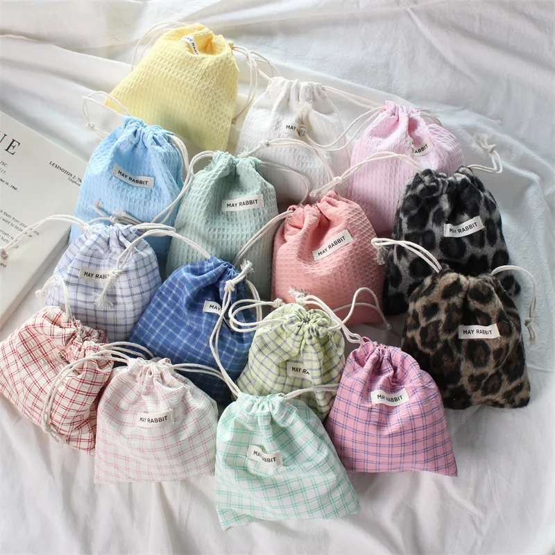 Portable Drawstring Storage Pouch Waffle Fabric Plaid Pattern Leopard Plush Cosmetic Organizer Travel Makeup Sundries Small Bag