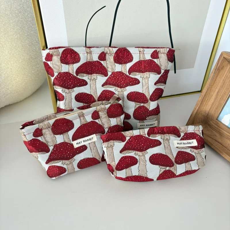 Trousse De Toilette En Toile À Motif De Champignons Sac De Maquillage Voyage Portable Organisateur Jacquard Rétro