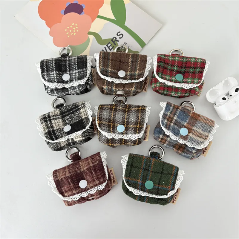 Woolen Tweed Earphone Case Plaid Storage Bag With Lace Trim Portable Protective Shell For Wireless Earphones Metal Ring