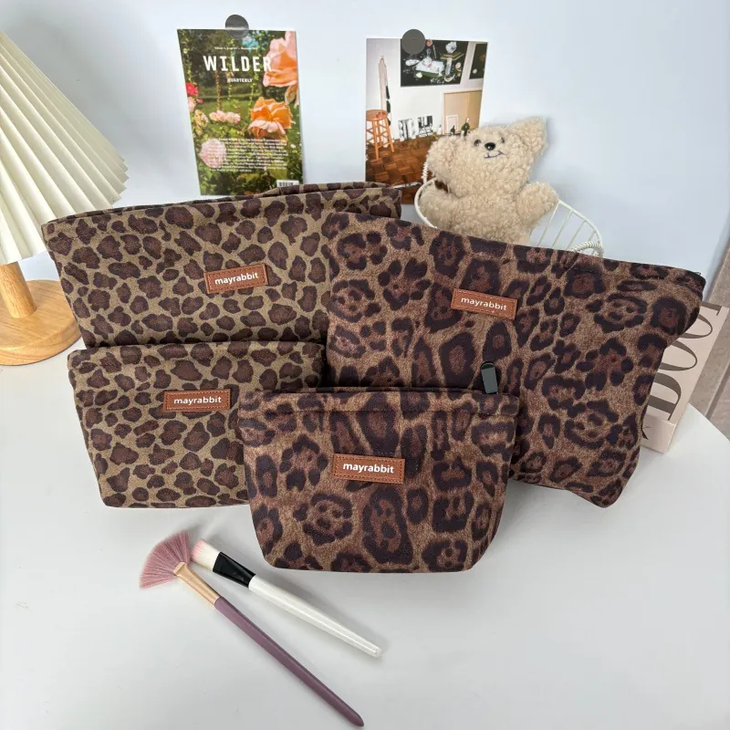 Leopard Print Cosmetic Bag Suede Retro Large Capacity Travel Makeup Pouch Organizer For Women Vintage Storage Case