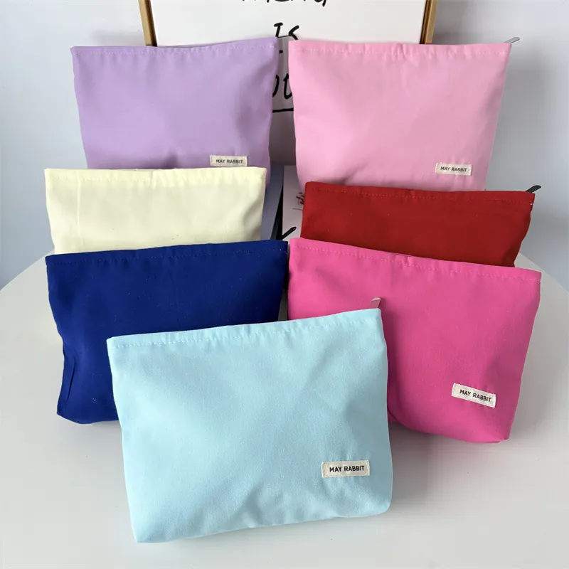 Portable Canvas Makeup Bag Thickened Solid Color Zipper Travel Toiletry Pouch Organizer For Women Men Simple