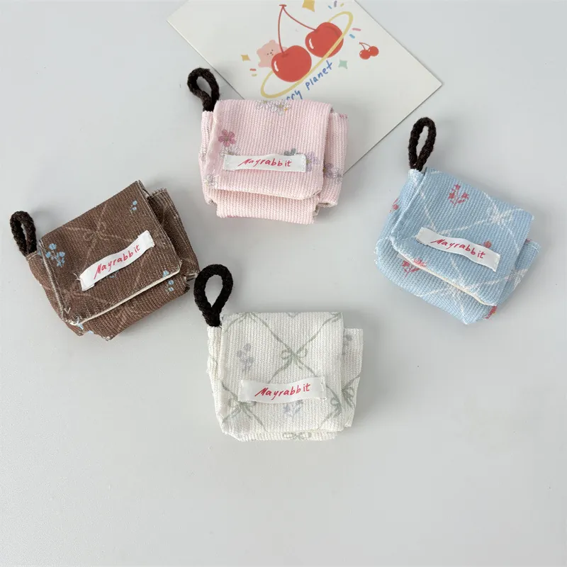 Corduroy Earphone Case Mini Protective Pouch Floral Plaid Design Portable Storage Bag Wireless Headsets