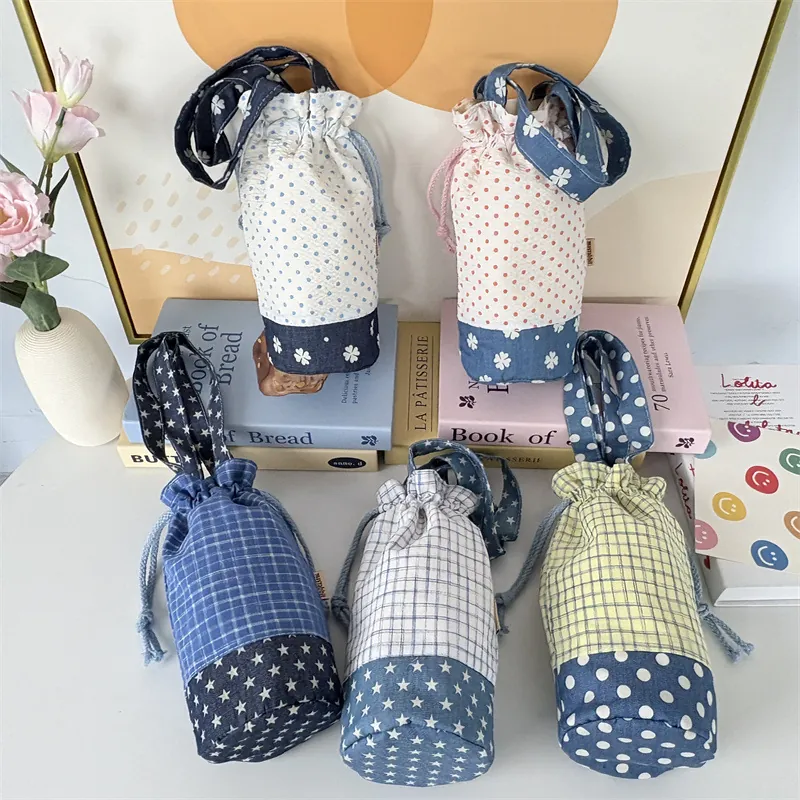 Copertura Per Bottiglia D'acqua Borsa In Tessuto Coulisse Portatile Porta Tazza Custodia Patchwork Stile Giapponese