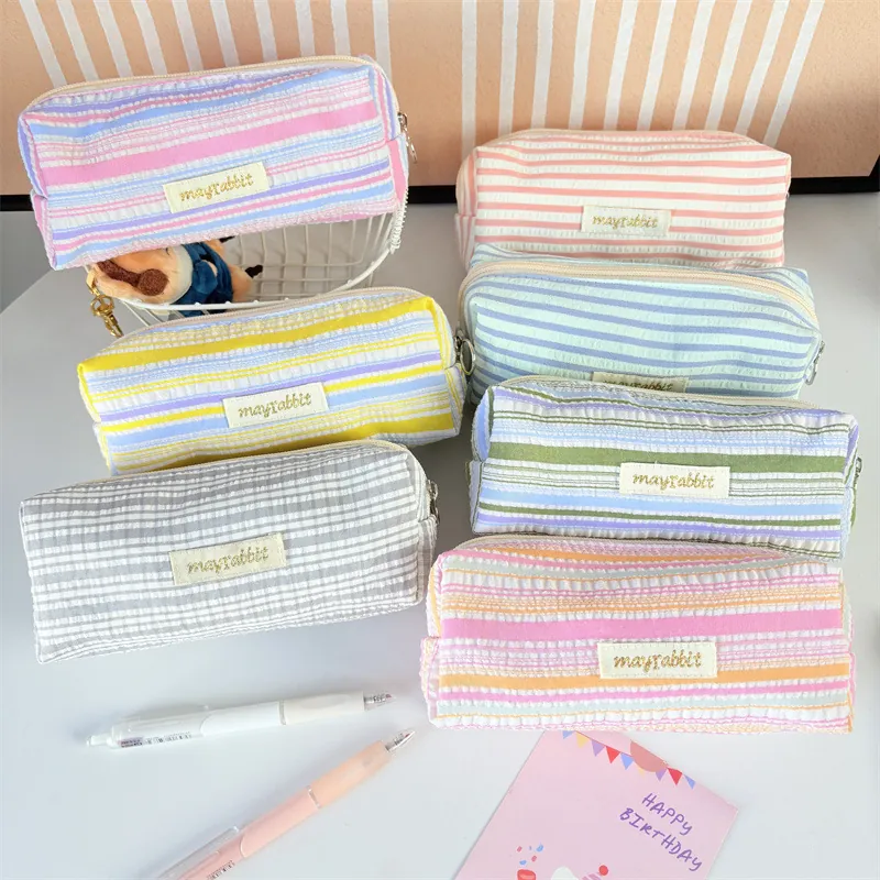 Pencil Case Large Capacity Seersucker Striped Polyester Stationery Storage Bag Portable Korean Ins Style Organizer