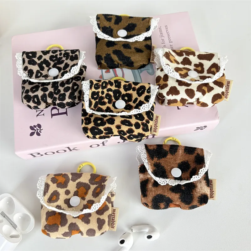 Custodia Per Auricolari In Velluto A Coste Con Stampa Leopardata E Bordo In Pizzo Borsa Portatile Retro Con Bottone