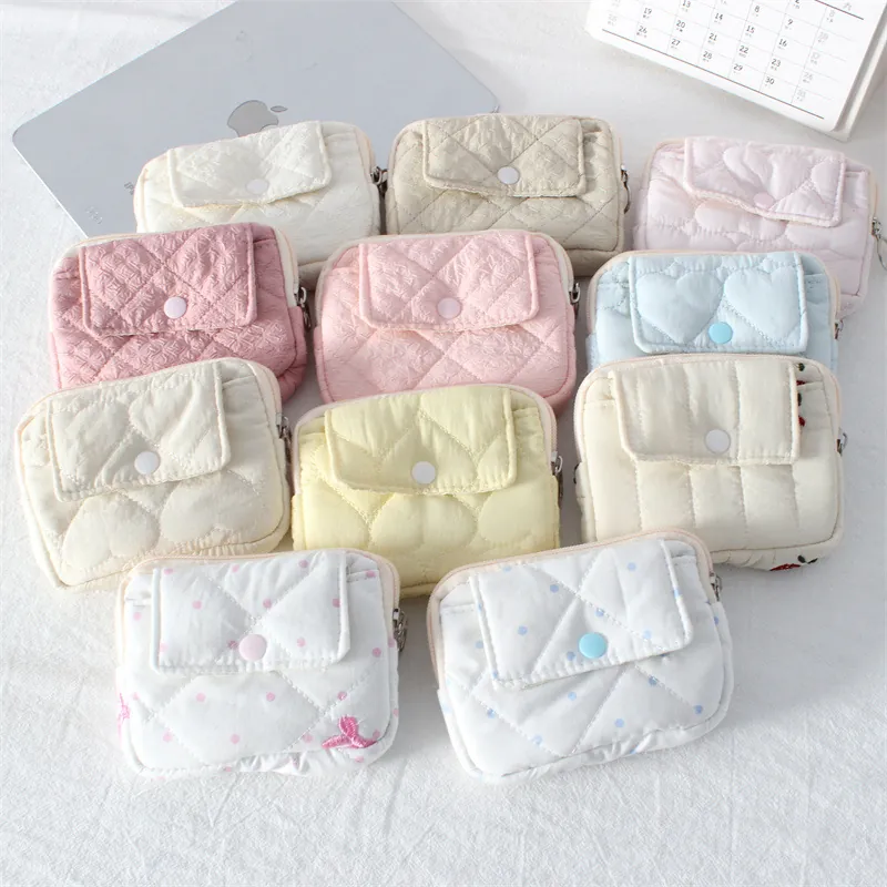 Mini Quilted Coin Purse Soft Polyester Fabric Earphone Storage Bag Flip Snap Button Zipper Closure Key Ring Portable Cute