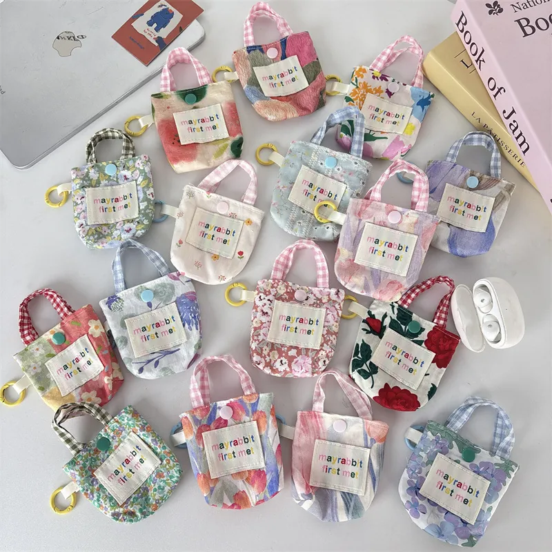 Mini Pochette Écouteurs En Tissu Floral Porte-Monnaie Suspendu Fermeture À Bouton Petit Sac De Rangement