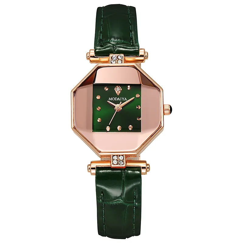 Women's Quartz Watch Octagonal Alloy Case Rhinestone Dial Crocodile Pattern PU Leather Strap Fashion Analog Elegant