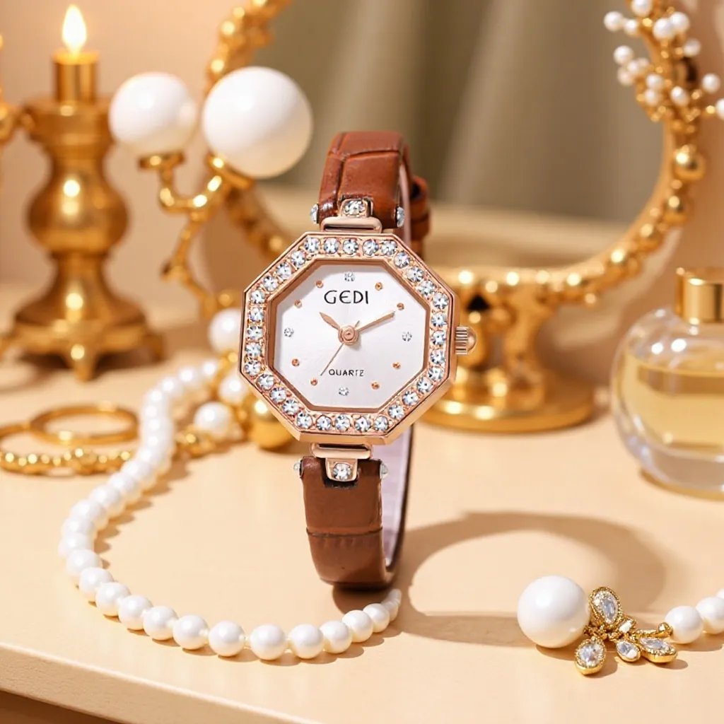 Elegante Damen Quarzuhr Achteckiges Roségold Gehäuse Strass Lünette Lederarmband Wasserdichte Mode Armbanduhr Schmuck