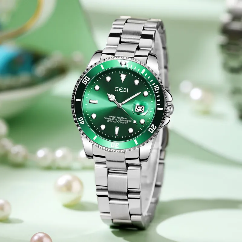 Women Quartz Watch Stainless Steel Strap Waterproof Luminous Date Display Business Fashion Diver Style Wristwatch