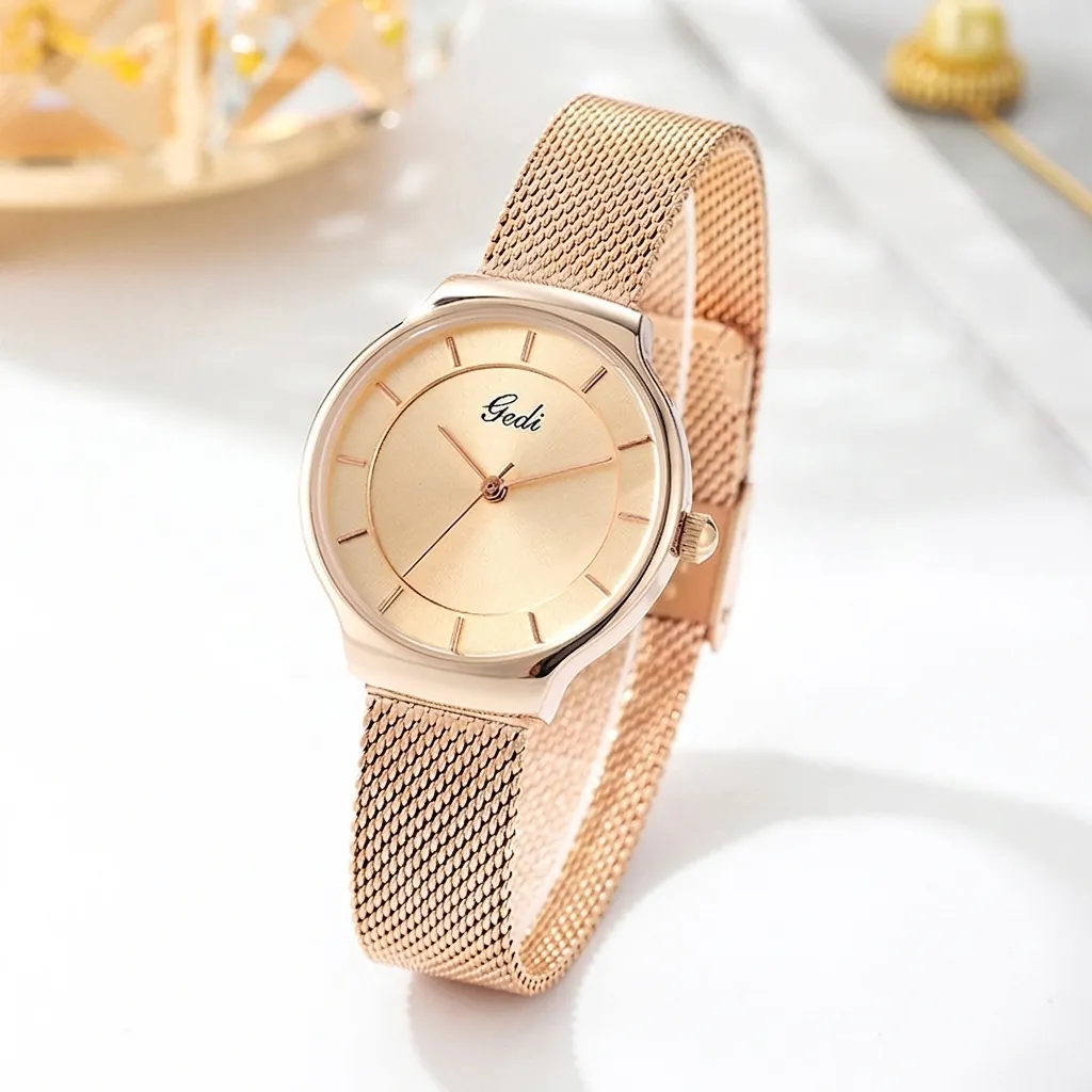 Montre À Quartz Pour Femme Minimaliste Élégante Boîtier En Alliage Bracelet En Maille Acier Inoxydable Étanche Mince Mode