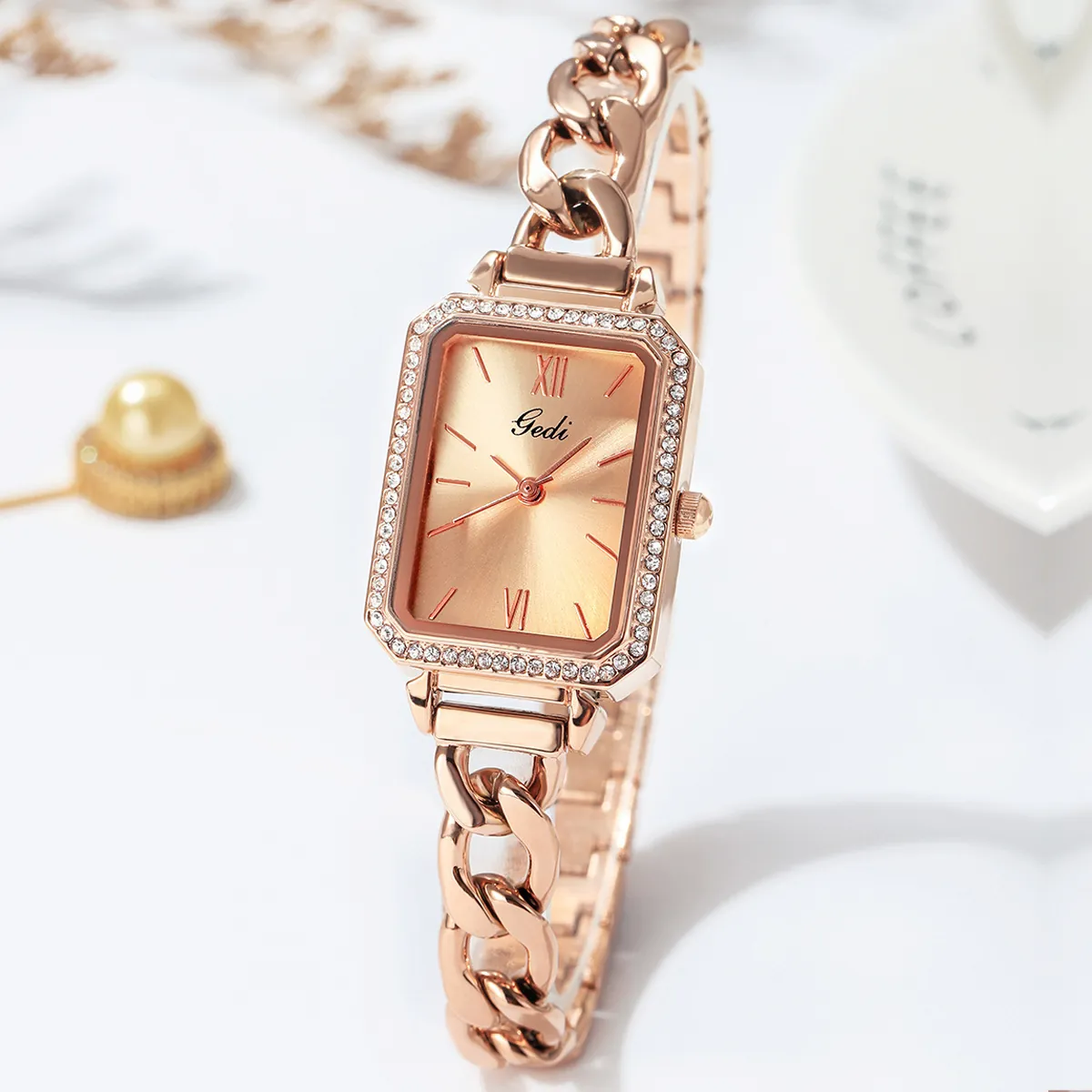 Orologio Quarzo Donna Lusso Rettangolare Strass Acciaio Inossidabile Bracciale Catena Impermeabile Elegante