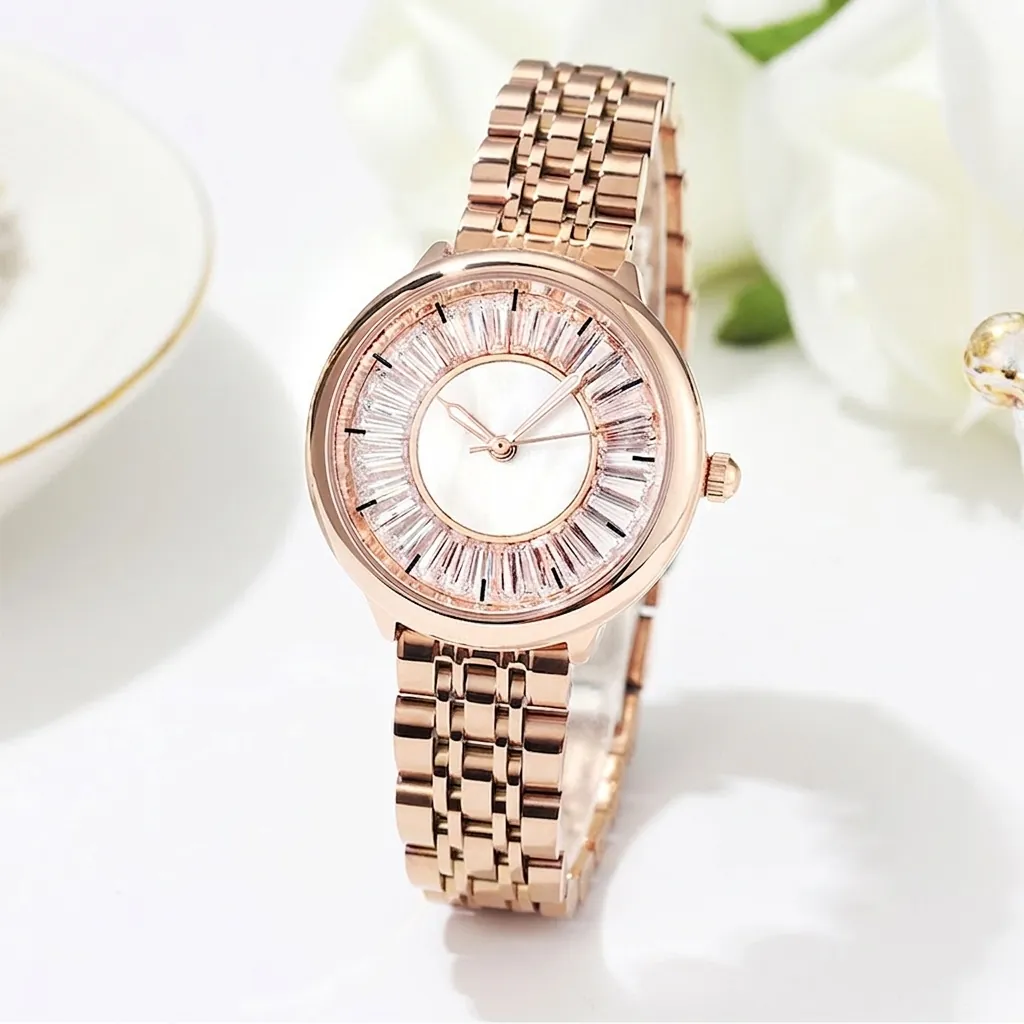 Élégante Montre À Quartz Pour Femme Bracelet En Alliage Or Rose Lunette En Cristal Strass Étanche