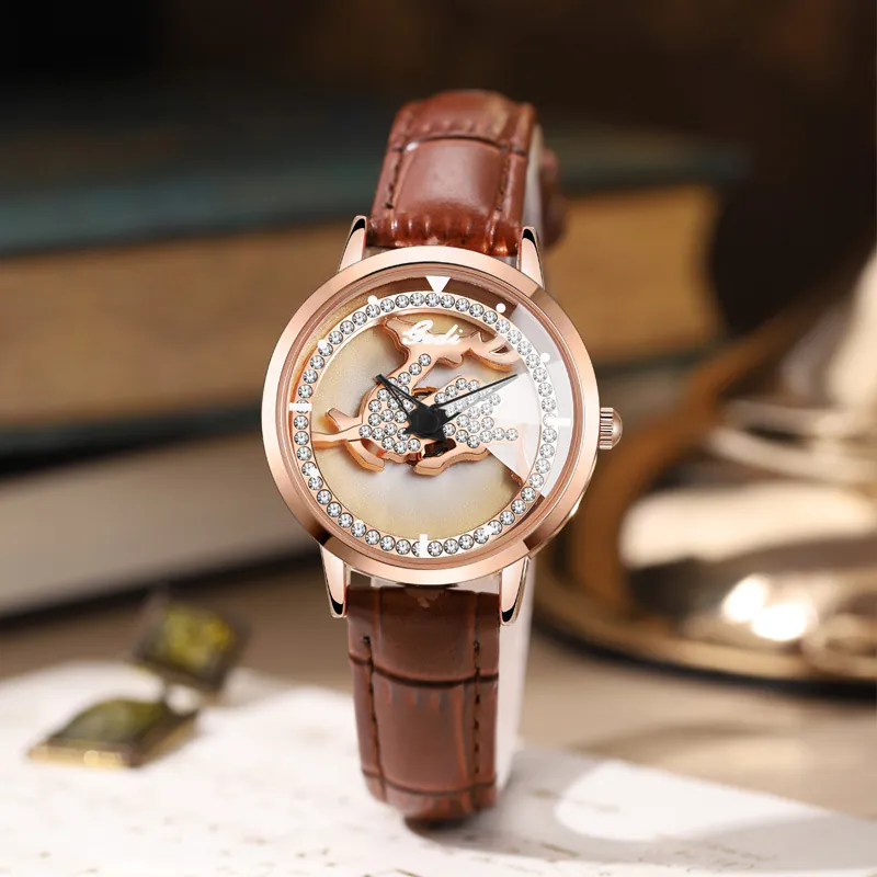 Women Quartz Watch Rhinestone Reindeer Motif Alloy Case Genuine Leather Strap Waterproof Fashion Elegant Luxury Gift