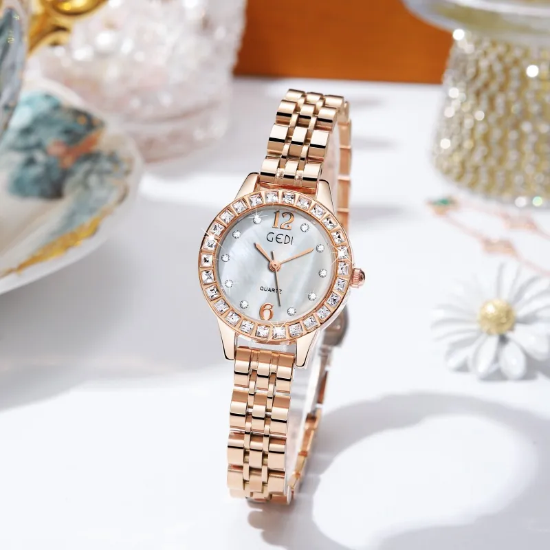 Women Quartz Watch Mother Of Artificial Pearl Dial Rhinestone Elegant Luxury Alloy Steel Band Water Resistant Fashion