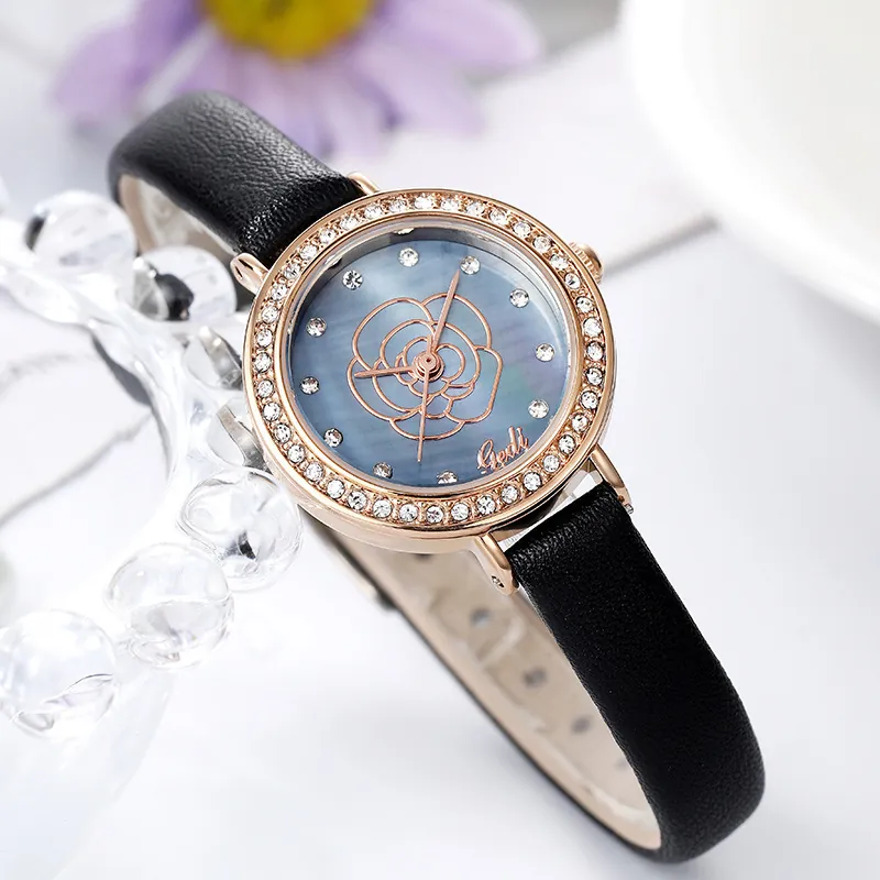 Women's Fashion Quartz Watch Rose Gold Case Rhinestone Bezel Leather Strap Floral Pattern Dial Elegant Casual Gift