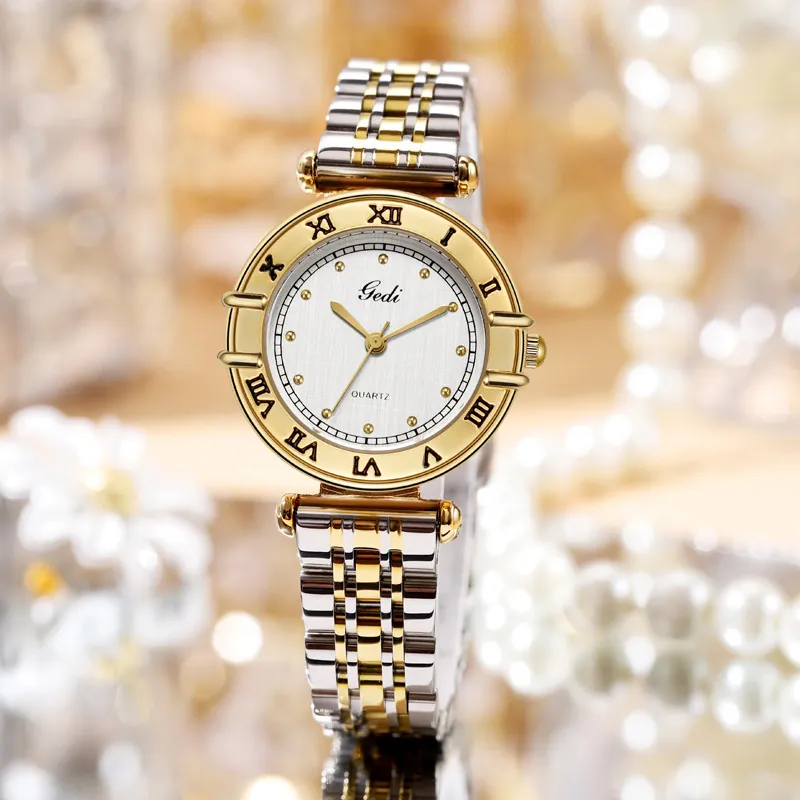Women Wrist Watch Stainless Steel Strap Quartz Movement Roman Numerals Retro Luxury Elegant Round Dial Waterproof For Lady