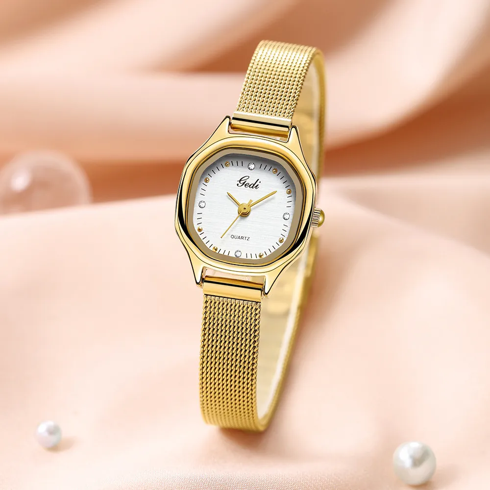 Women Quartz Watch Gold Stainless Steel Milanese Mesh Band Rhinestone Dial Waterproof Fashion Elegant Luxury