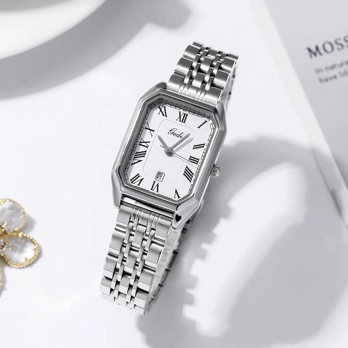 Elegant Women Quartz Watch Rectangular Dial Roman Numerals Date Display Stainless Steel Band Waterproof Fashion Jewelry
