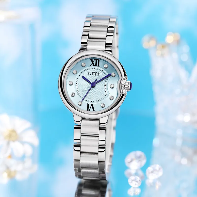 Elegant Women Quartz Watch Stainless Steel Strap Waterproof Fashion Small Dial Blue Hands Roman Numerals Rhinestones