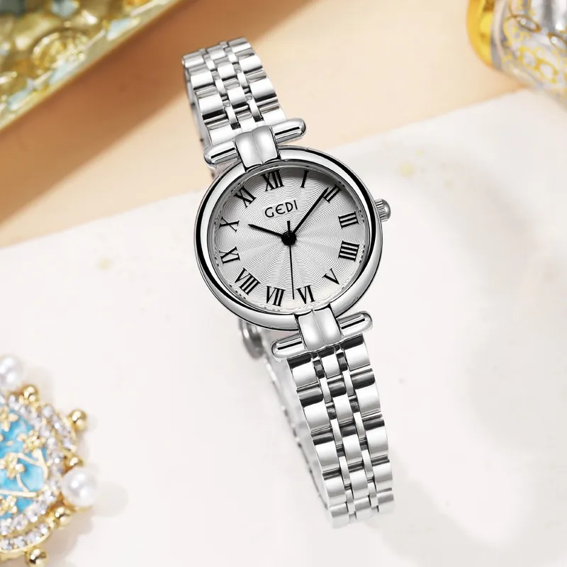 Elegant Women Quartz Watch Stainless Steel Band Alloy Case Roman Numeral Dial Waterproof Vintage Medieval Wristwatch