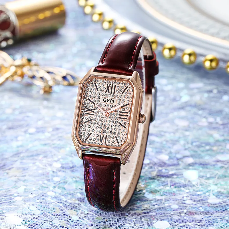 Women's Quartz Watch Luxury Full Rhinestone Dial Rectangular Case Leather Strap Waterproof Date Display Elegant Fashion Ladies