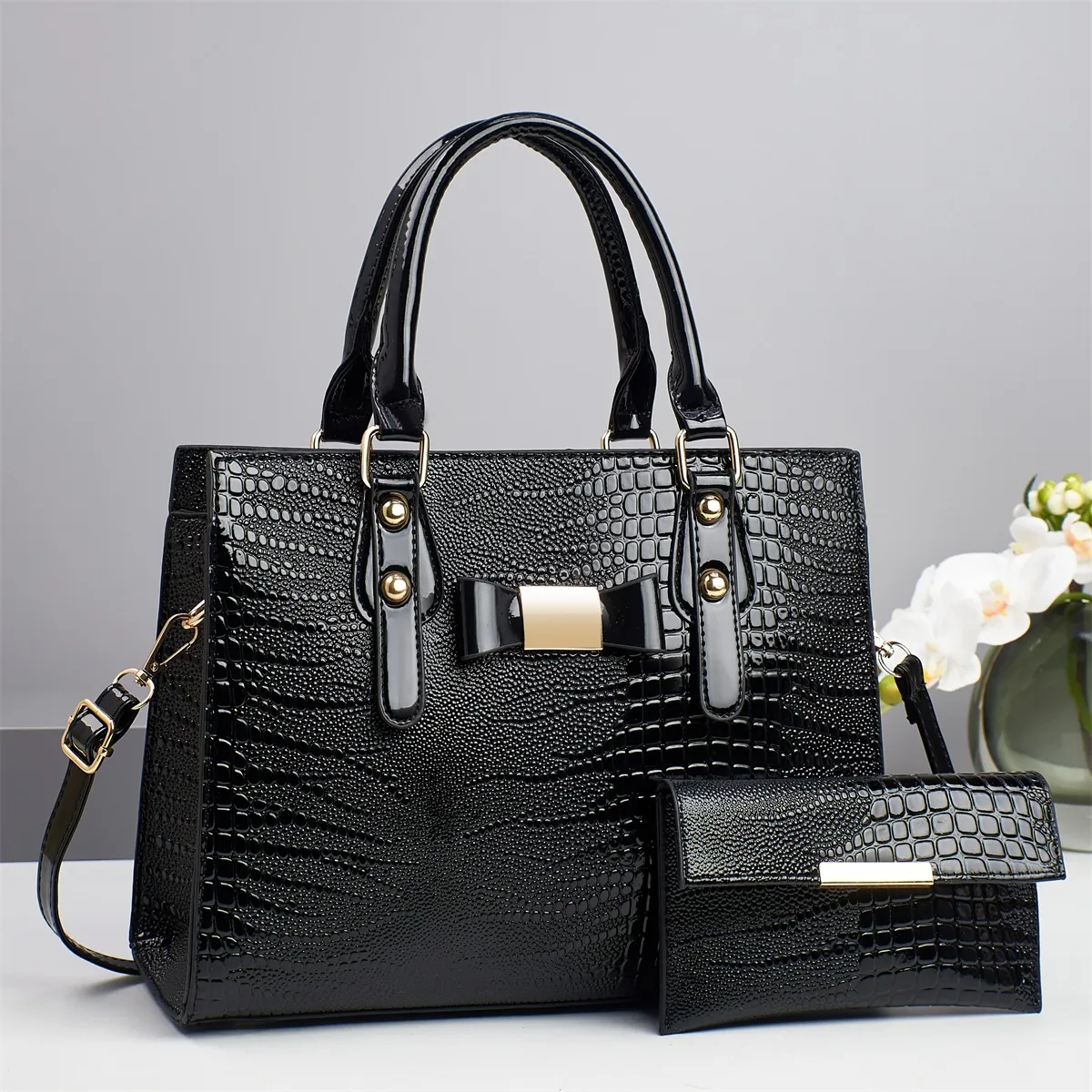 Women Glossy PU Leather Crocodile Pattern Handbag And Wallet Bow Decor Large Capacity Tote With Detachable Shoulder Strap