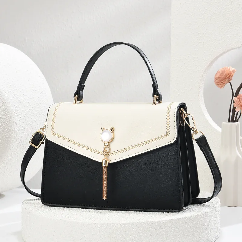 Women's Contrast Color PU Leather Crossbody Bag Fashion Handbag With Cat Ear Metal Tassel Artificial Pearl Decor Small Square Shoulder Bag