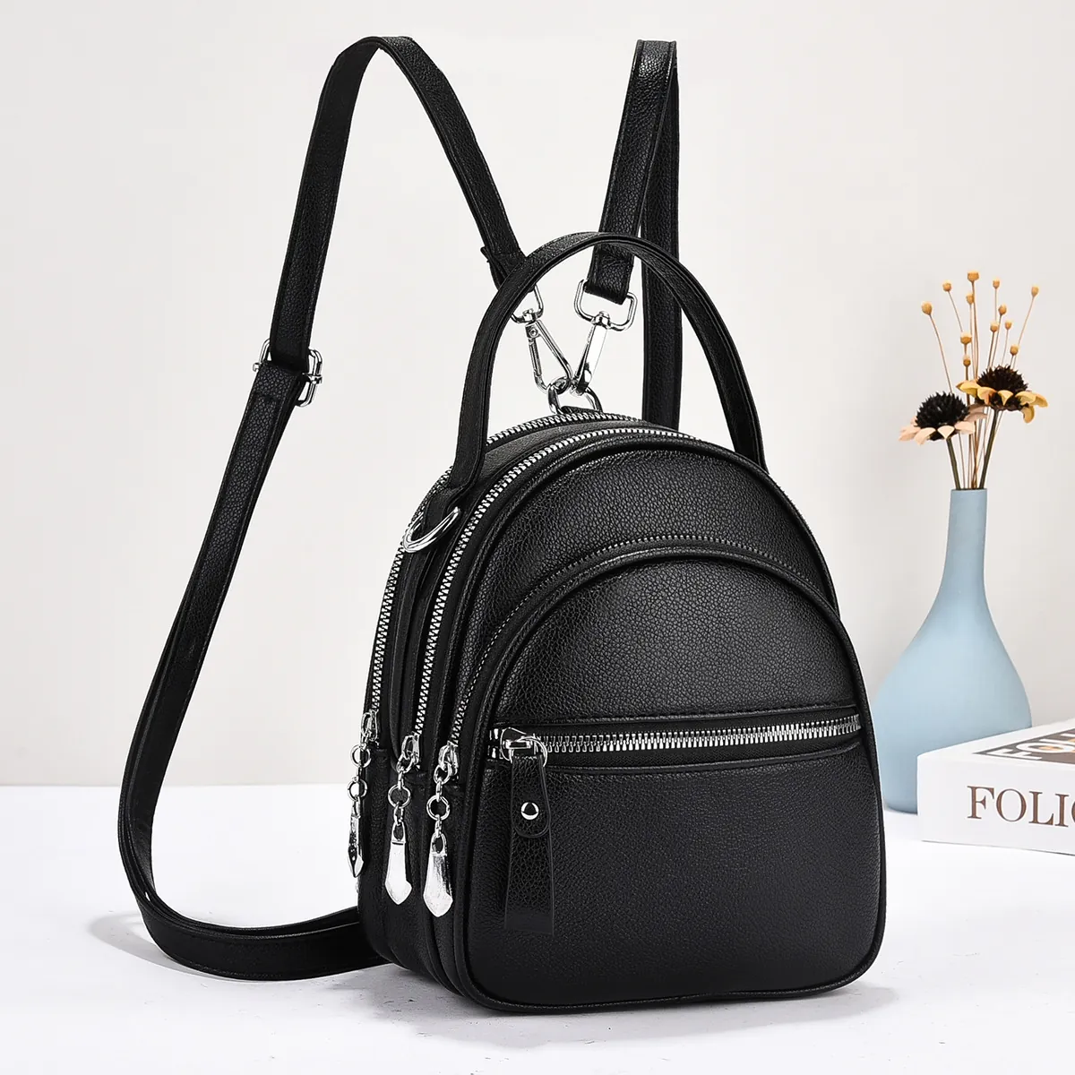Mini Backpack Women PU Leather Lychee Pattern Multi Zipper Layers Fashion Casual Travel Shoulder Bag Multi Pocket