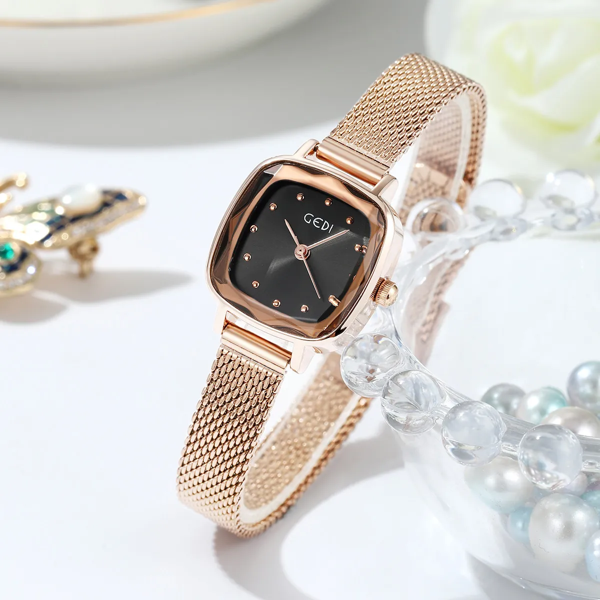 Fashion Women Watch Square Case Stainless Steel Mesh Band Milanese Strap Minimalist Casual Luxury Ladies Wristwatch