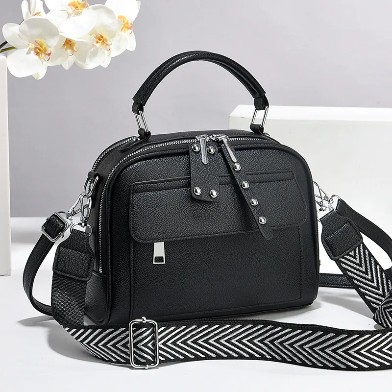 Women PU Leather Shoulder Bag Large Capacity Multi-Layer Crossbody Bag Lychee Pattern With Wide Geometric Strap