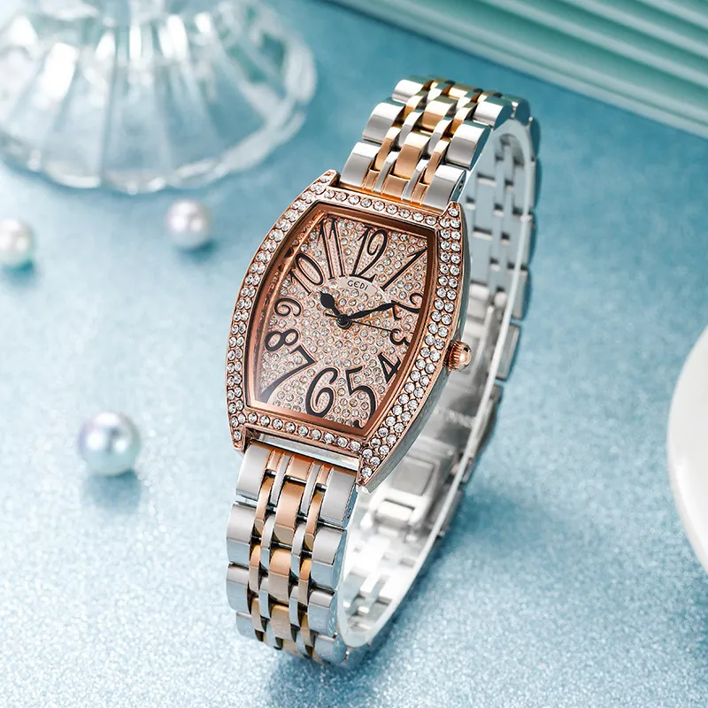 Orologio Lusso Donna Quarzo Cassa Tonneau Con Strass Cinturino In Acciaio Inossidabile Impermeabile Elegante Moda