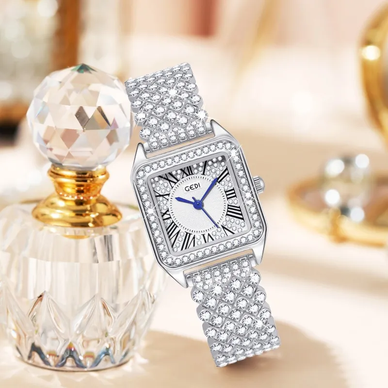 Women Quartz Watch Full Rhinestone Square Dial Alloy Strap Roman Numerals Blue Hands Vintage Luxury Elegant Wristwatch