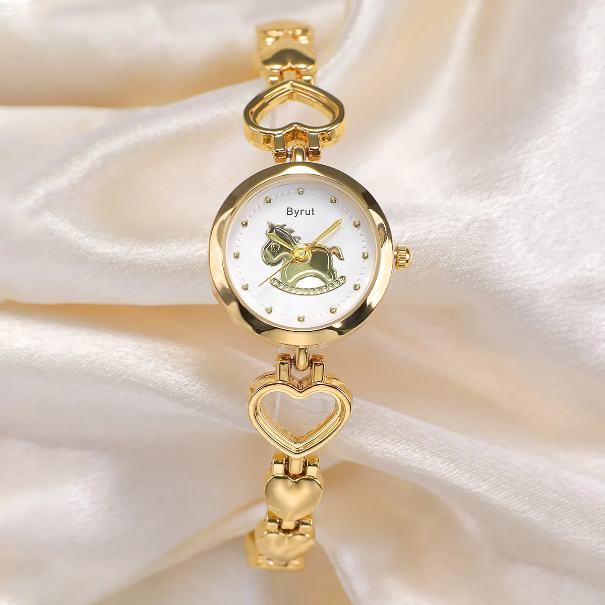 Montre À Quartz Femme Cadran Cheval À Bascule Dessin Animé Bracelet Chaîne Coeur Alliage Montre Analogique Filles