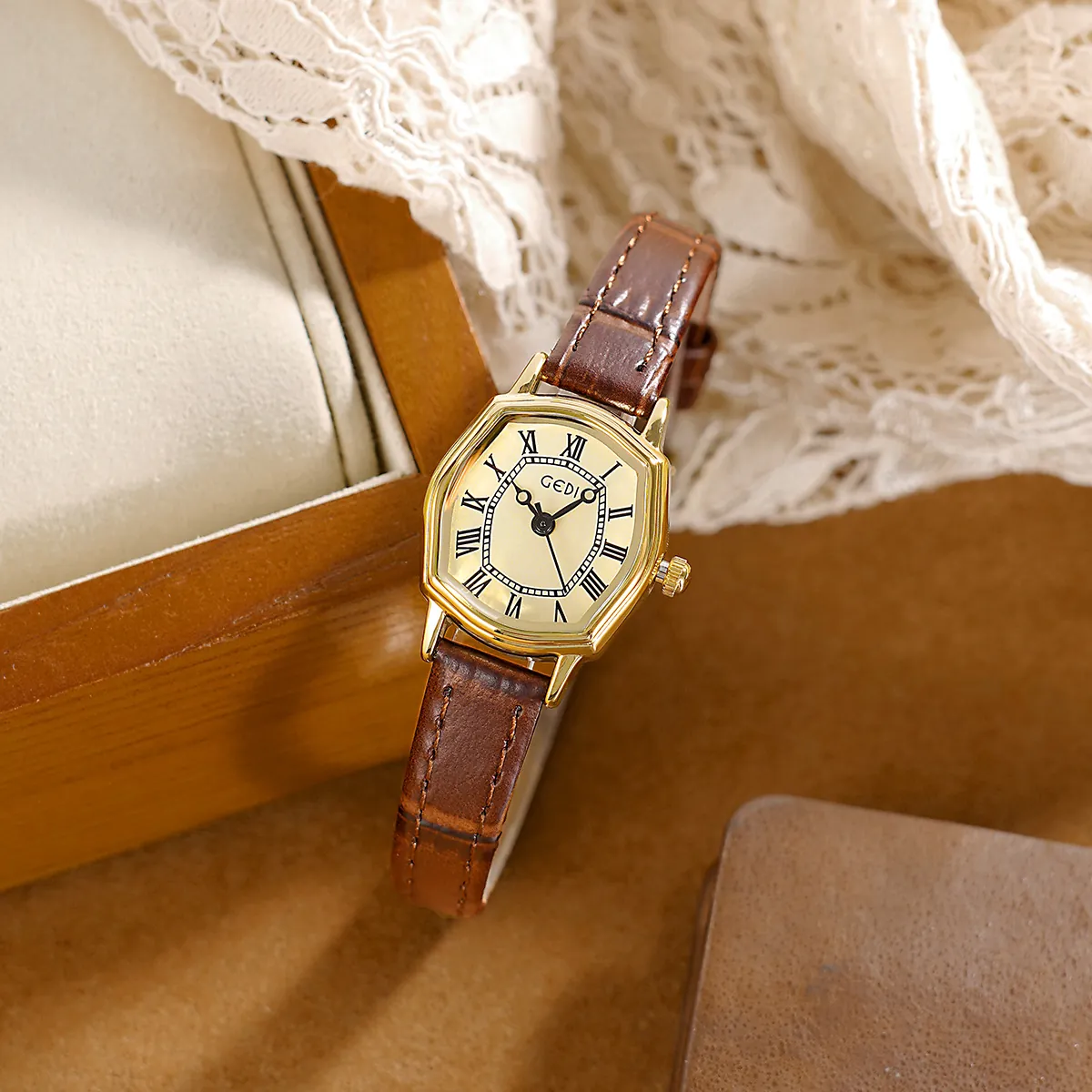 Orologio Al Quarzo Da Donna Vintage Tonneau Cinturino In Vera Pelle Numeri Romani Analogico Impermeabile Elegante