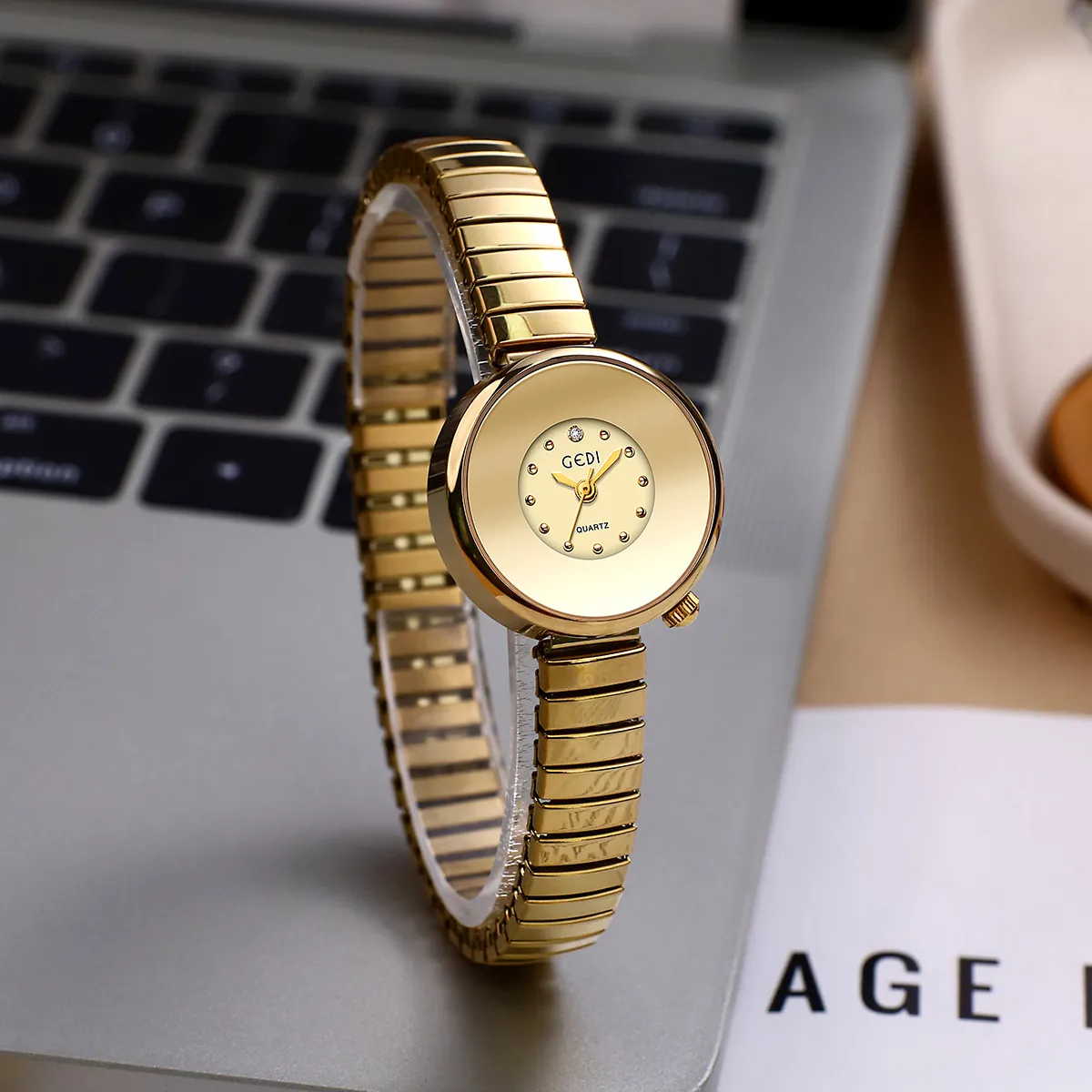Womens Quartz Watch Small Round Dial Stainless Steel Elastic Expansion Band Fashion Casual Waterproof Wristwatch