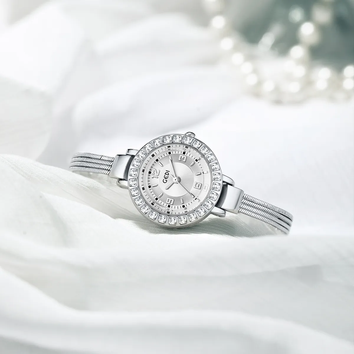 Women Quartz Watch Elegant Rhinestone Crystal Bezel Mesh Strap Round Dial Fashion Luxury Waterproof Wristwatch